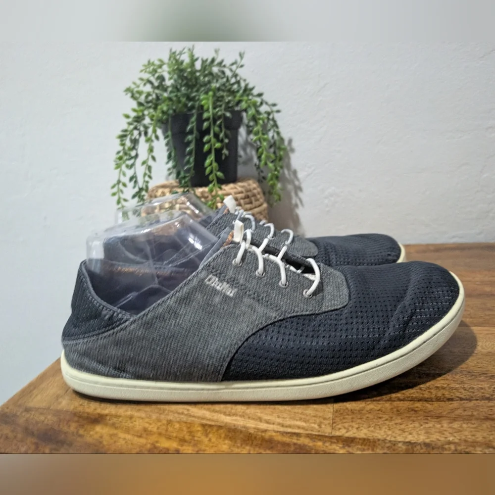 OluKai Nohea Moku Boat Shoes Mens 10.5 Blue Gray Tie Denim Mesh Casual Sneakers